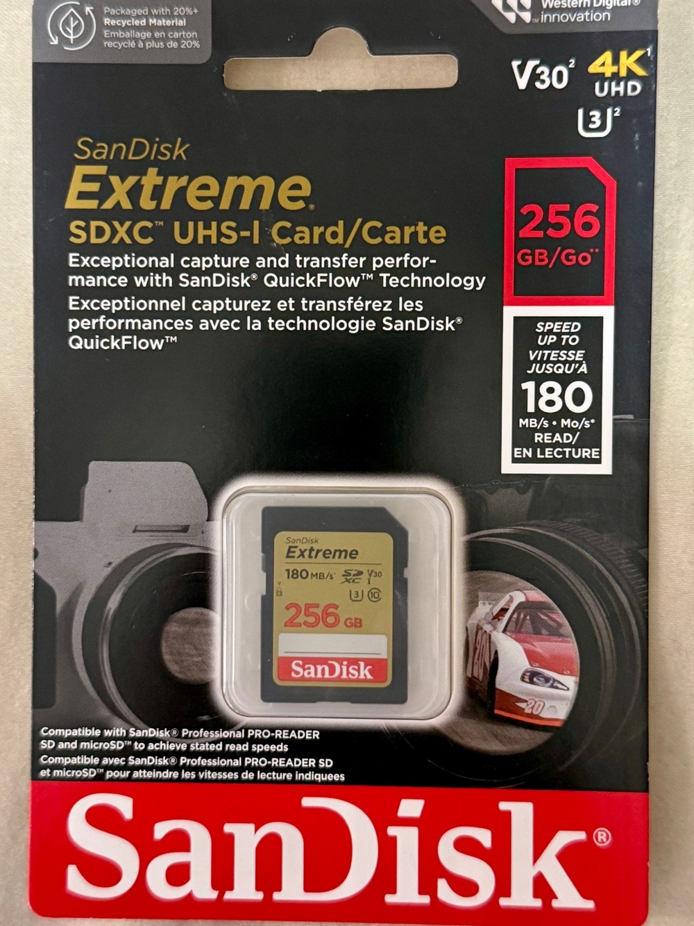 SanDisk Extreme SDXC UHS-I SD Memory Card -U3 V30, C10, 4K UHD Compatible -256GB